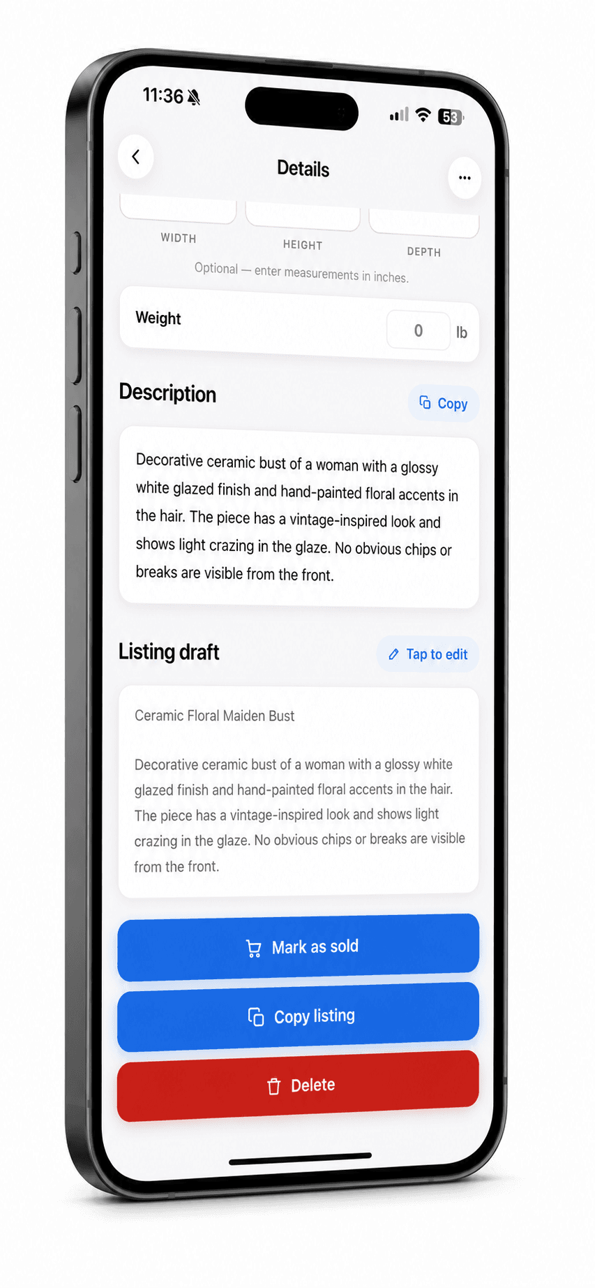 Resella item details with auto-written listing draft