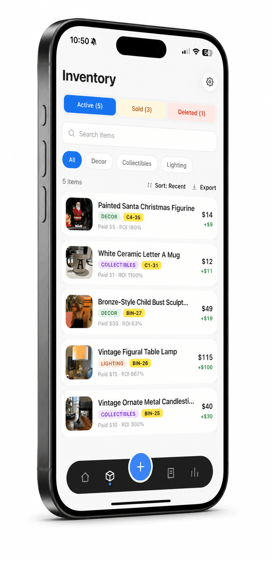 Resella inventory list with paid price and ROI per item