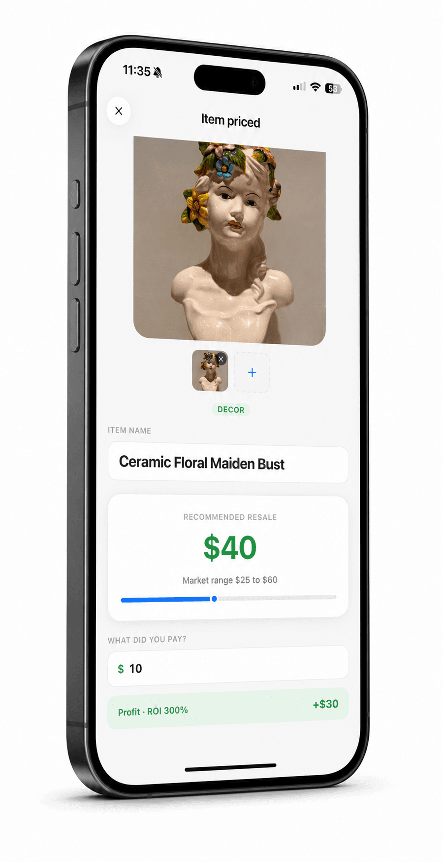 Resella pricing screen: recommended resale $40, ROI 300%