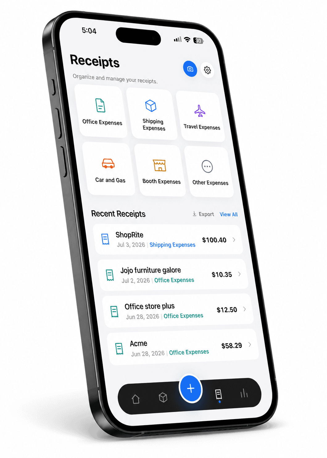 Resella receipts screen with expense folders