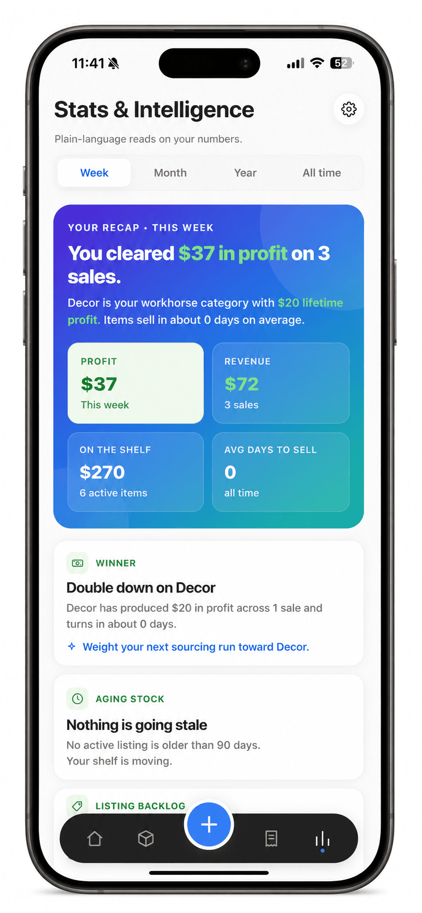 Resella Stats and Intelligence screen with weekly profit recap